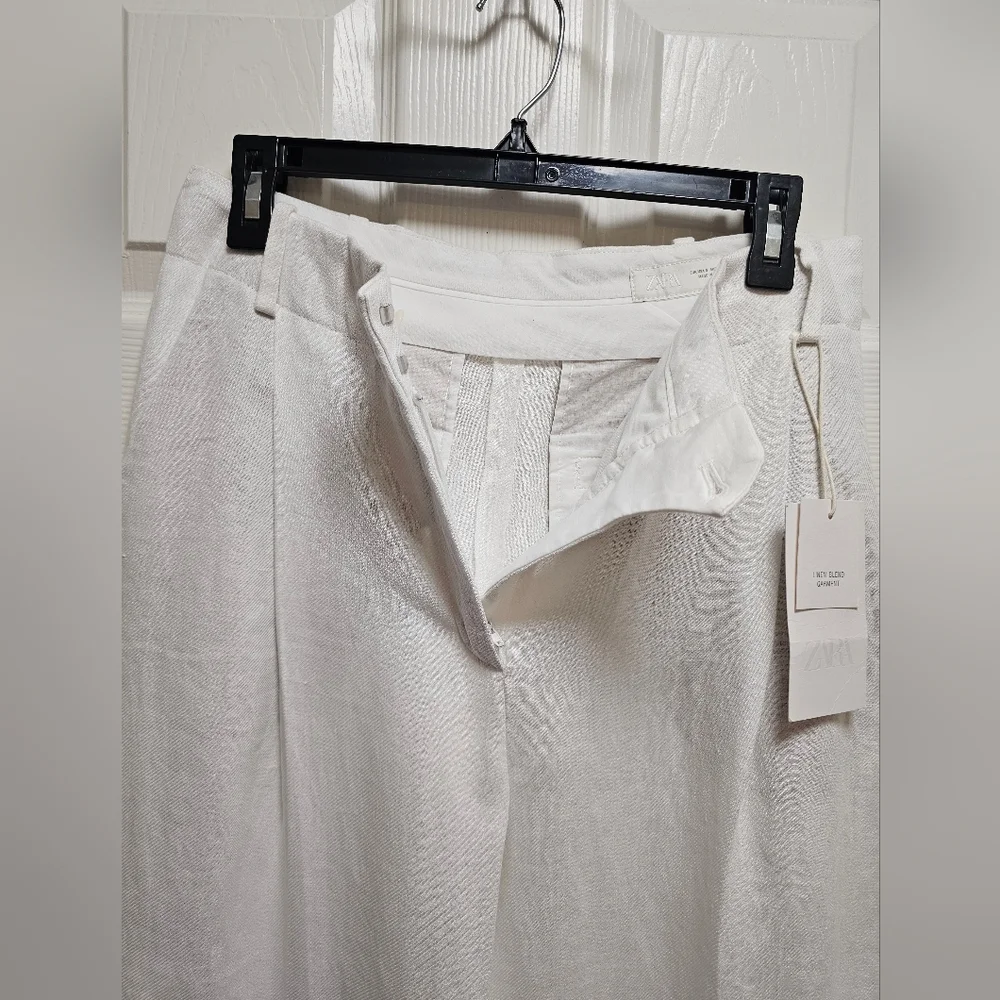 NWT ZARA Ivory Linen Blend Wide Leg Pants Size S High Waist Flowy Pockets Chic